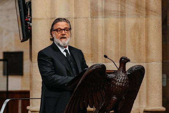Russell Crowe delivers his eulogy at John Laws’ state funeral.