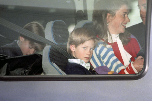 Prince William and Prince Harry travel with their nanny Tiggy Legge-Bourke in 1995.