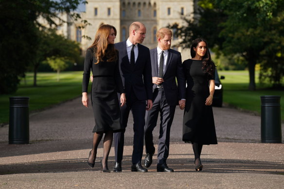 From left, Kate, the Princess of Wales, Prince William, Prince of Wales, Prince Harry and Meghan, Duchess of Sussex.