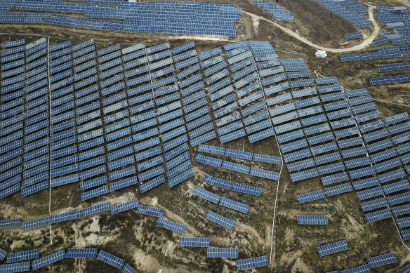 A solar panel installation is seen in Ruicheng County in central China’s Shanxi Province.
