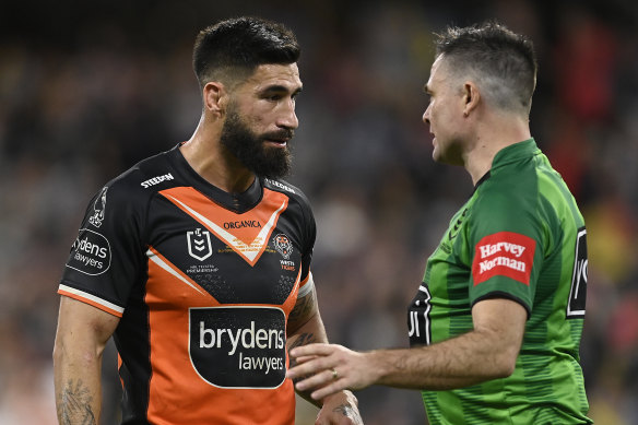 James Tamou talks to referee Chris Butler.