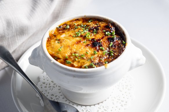 French onion soup topped with crouton and emmental cheese, grilled to melty magnificence.