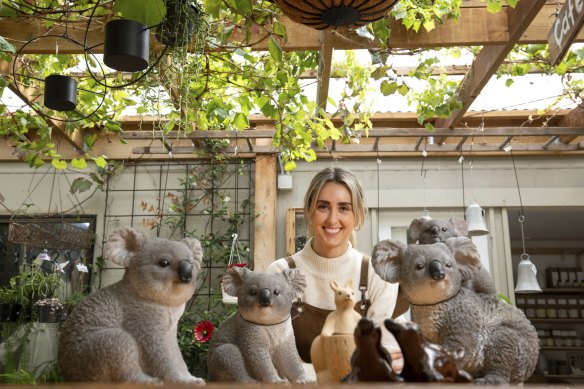 Talia Klein at Poppie’s Nursery and Cafe in Anglesea has noticed that international tourists are back and has had to order more stock of kangaroo and koala souvenirs.