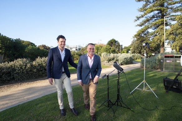 The outgoing Federal Member for Goldstein Tim Wilson with husband Ryan Bolger at Green Point in Brighton after conceding to independent Zoe Daniel