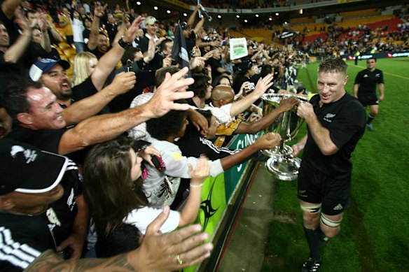 Brad Thorn, pictured with the Bledisloe Cup, won a World Cup with the All Blacks, as well as NRL title with the Broncos. 