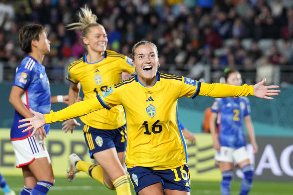 Sweden’s Filippa Angeldal celebrates her goal in the quarter-final win.