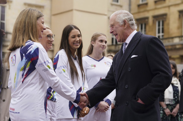 King Charles meets torchbearers at the start of the London leg of the Australian Legacy Torch Relay to mark the charity’s centenary year.