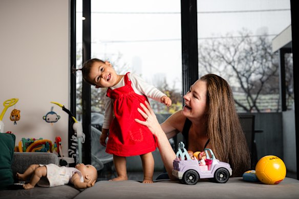 Melanie Swieconek and her 14 month old daughter Valentina in their South Melbourne home. Valentina went to her orientation day at the not-for-profit Coventry Children’s centre when Melanie was told the centre is closing.