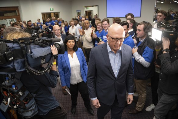 Liberal leader Peter Dutton and Roshena Campbell arrive to give the concession speech after losing the Aston byelection.