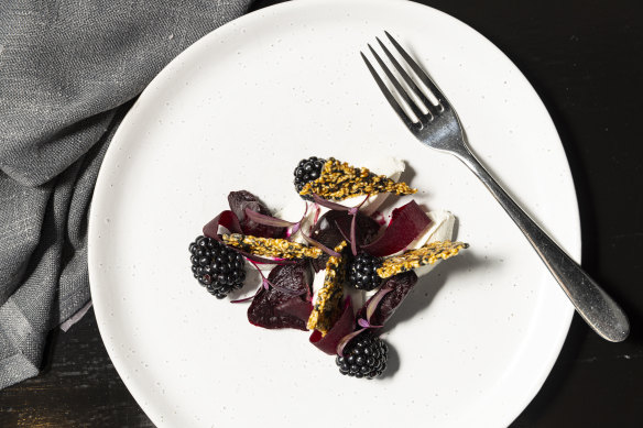 Beetroot with goat’s curd and blackberry.