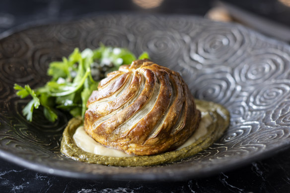 Mushroom and comte Pithivier with parsnip puree and lentil “chutney”.