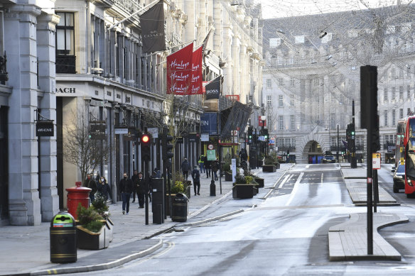 An almost deserted Regent Street in London in the days before Christmas.