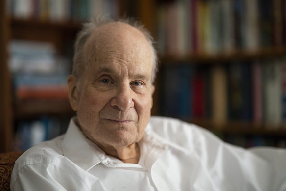 Professor Emeritus Louis Brus, 80, poses for a picture at his home in Hastings-on-Hudson, NY, after winning the Nobel Prize in Chemistry.