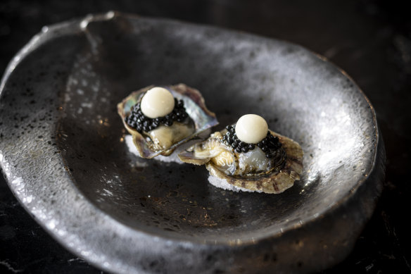 Akoya oysters with garlic “pearls”.