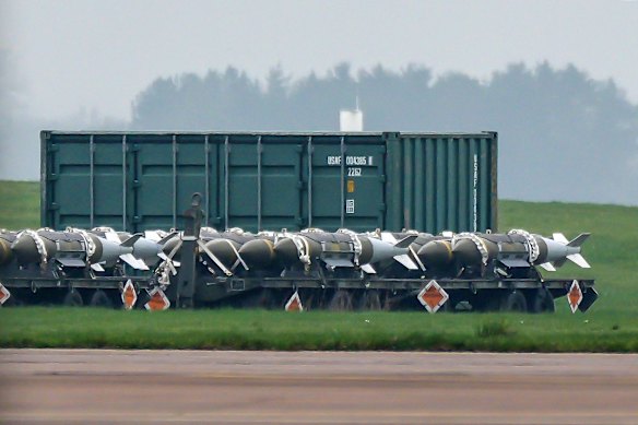 US Air Force munitions wait to be loaded at RAF Fairford in Fairford, England, last month.