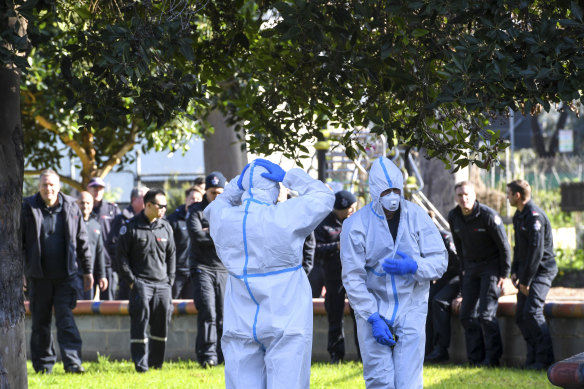 The scene at the North Melbourne public housing apartment towers where residents were locked down due to the COVID-19 pandemic. 