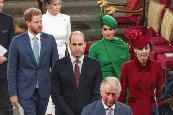 The book claims to detail the rift between Prince Harry, Prince William, Meghan and Catherine, pictured walking behind behind Prince Charles at Westminster Abbey in March.