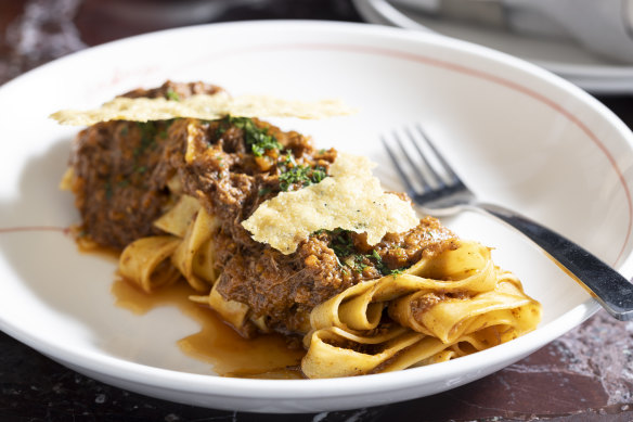 Pappardelle with wagyu ragu and parmesan crisp.