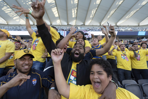 Sydney Uni fans during the Shute Shield club rugby grand final on Saturday.