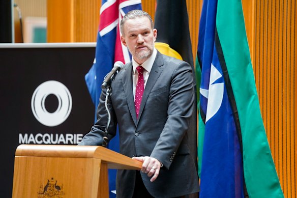 O representante comercial dos EUA, Jamieson Greer, discursando na Cúpula de Aposentadoria Australiana no mês passado.