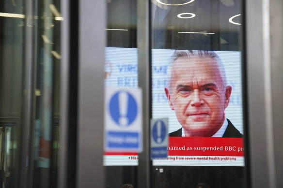 A screen in BBC Broadcasting house, in central London, displaying a photo of presenter Huw Edwards.