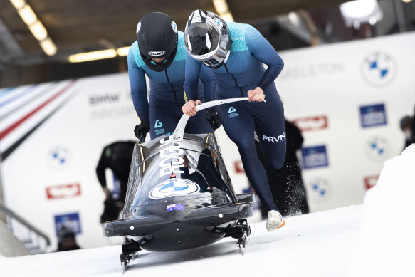 Ashleigh Werner and Kiara Reddingius in the two-women bobsled World Cup race in Austria in 2021.