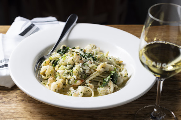 Crab and prawn linguine with sake butter.