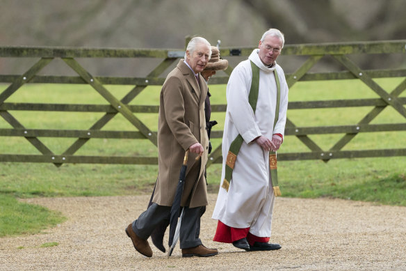 King Charles III and Queen Camilla arrive to attend a Sunday church service in Sandringham on Sunday.