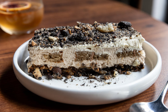 Tiramisu with a layer of hazelnut sponge.