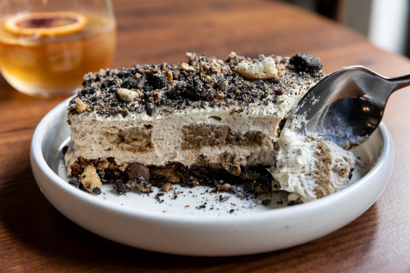 Tiramisu with a layer of hazelnut sponge.