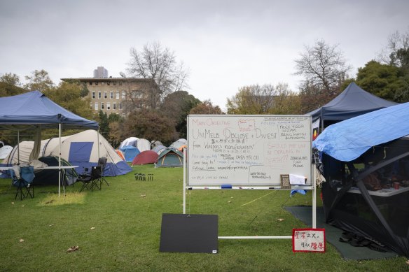 The UniMelb for Palestine camp on the South Lawn in May.