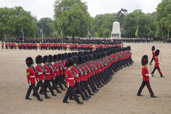 Members of the Welsh Guards on the parade ground during the Trooping the Colour.