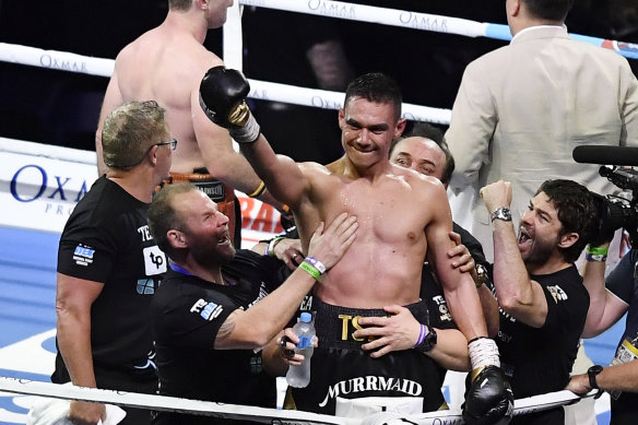 Tim Tszyu celebrates after defeating Jeff Horn.