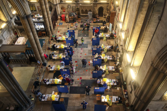 A mass vaccination centre set up 
inside Salisbury Cathedral in England in January.