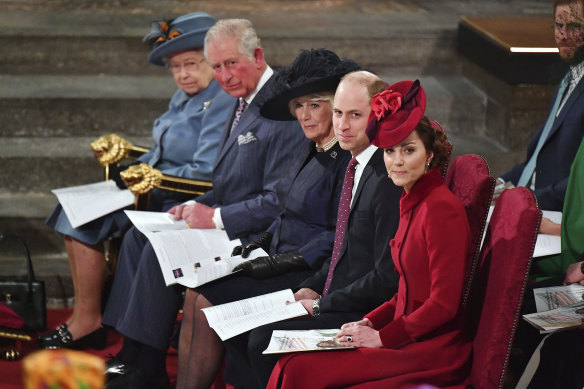 Queen Elizabeth, Prince Charles and Camilla, the Duchess of Cornwall, and the Duke and Duchess of Cambridge, William and Catherine, attend the annual Commonwealth Service at Westminster Abbey in London on March 9, 2020.