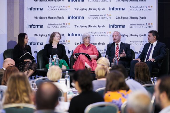 SCEGGS Darlinghurst head of school Jenny Allum (centre) on the panel with (from left) the Herald’s education editor Lucy Carroll, Associate Professor Rachel Wilson from the University of Sydney, Catholic Schools NSW boss Dallas McInerney and NSW Teachers Federation president Angelo Gavrielatos.