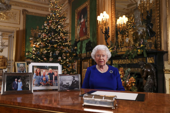 Queen Elizabeth II poses for a photo while recording her annual Christmas Day message at Windsor Castle.