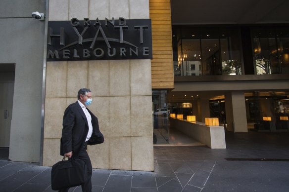 Melbourne’s Grand Hyatt hotel, where a person infected with COVID-19 worked late last month while Australian Open competitors were in quarantine.