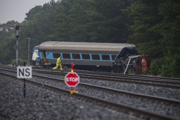 The scene of the train derailment at Wallan on Friday morning.