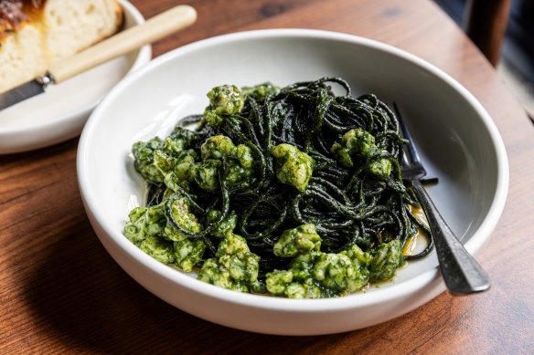 Go-to dish: Tonnarelli Nero with nettle and prawn.