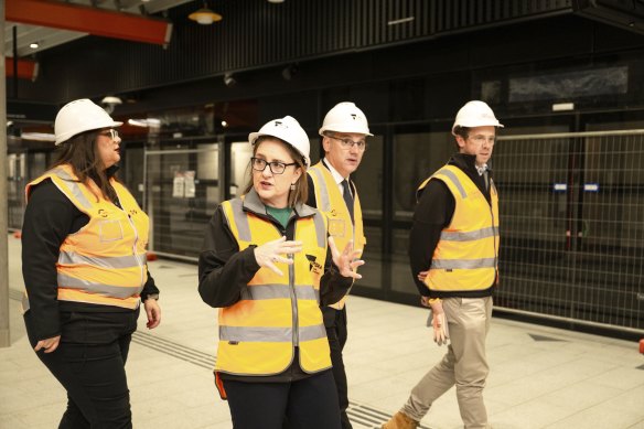 Victorian Premier Jacinta Allan (centre) at the newly completed Parkville station today.