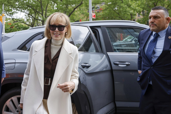 E Jean Carroll arrives at court in New York for Wednesday’s hearing.