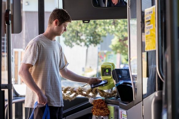 Declan Leask during the trial of the new myki system on Wangaratta’s bus network. 
