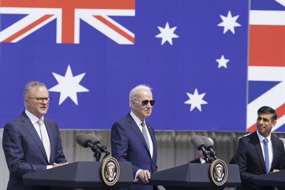 Anthony Albanese, Joe Biden and Rishi Sunak at an AUKUS announcement in San Diego in March 2023.