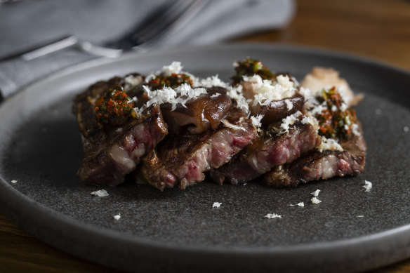 LA galbi (Los Angeles-style grilled beef short ribs) with horseradish, shiitake mushroom, chive kimchi.