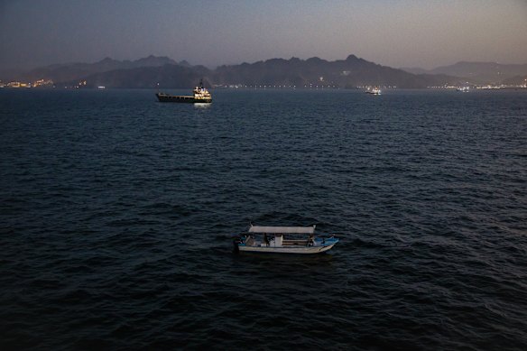 Oil tankers and cargo vessels anchored of the coast of Oman.