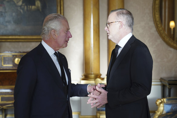 Britain’s King Charles III speaking to Prime Minister Anthony Albanese at Buckingham Palace. 