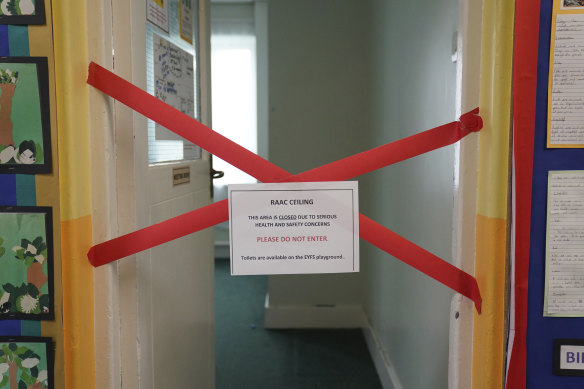 A taped-off section inside Parks Primary School in Leicester, England.