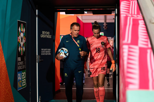 Tony Franken and Matildas goalkeeper Mackenzie Arnold, who he says has taken her game to a new level in the past 12 months.