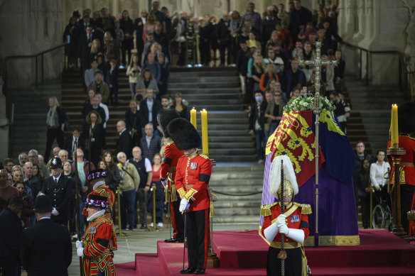 People queued through the night along the River Thames to see the Queen’s coffin in Westminster Hall.